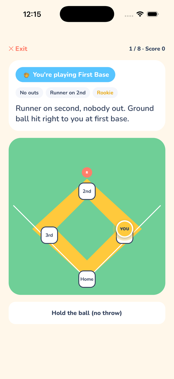 Diamond Sense gameplay screen showing a live baserunning scenario at first base