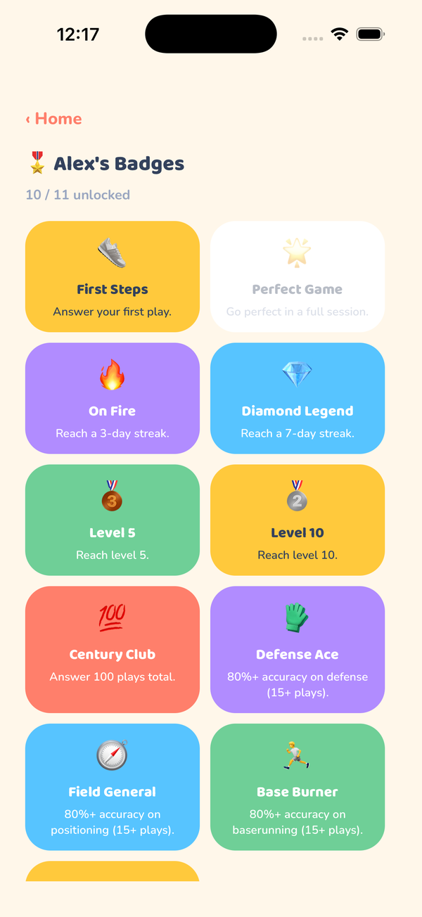 Diamond Sense badges screen showing unlocked achievements